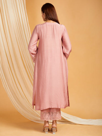 Old Rose Cotton Silk Lace work Kurta with Pants - Set of 2