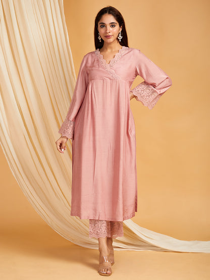 Old Rose Cotton Silk Lace work Kurta with Pants - Set of 2