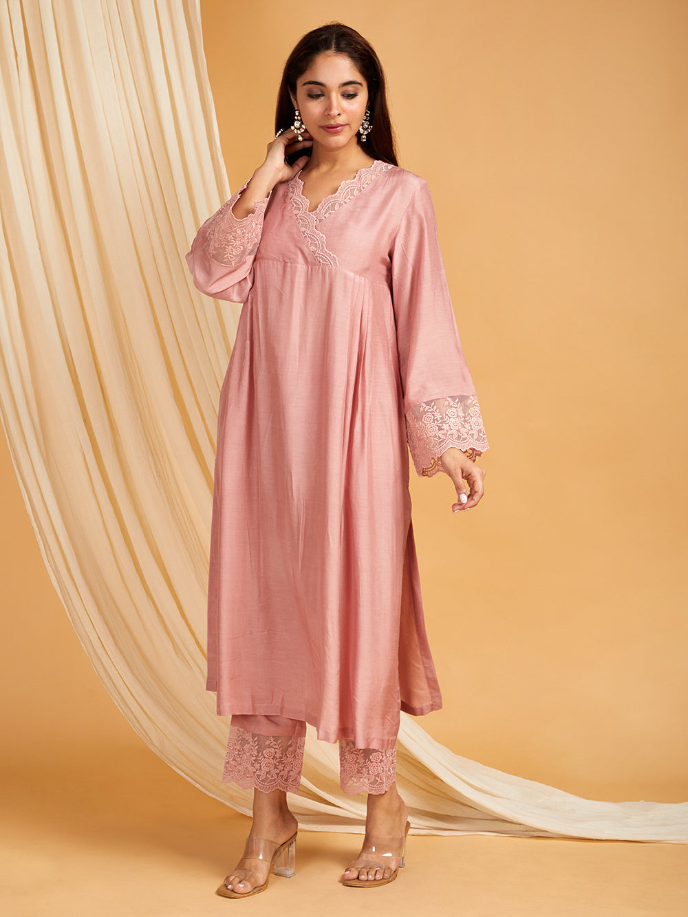 Old Rose Cotton Silk Lace work Kurta with Pants - Set of 2