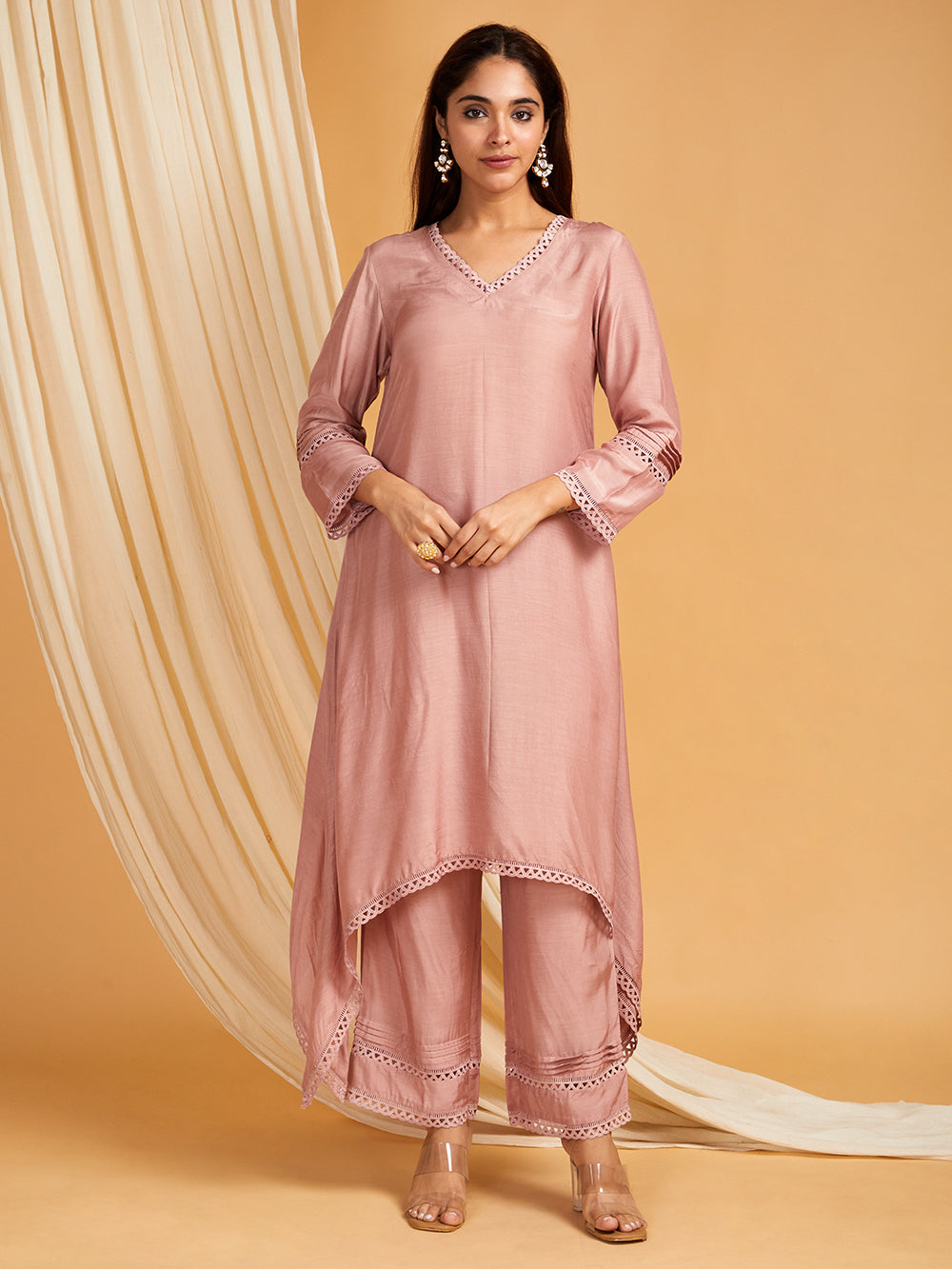 Old Rose Pink A-Line Cotton Silk Kurta with Small Slit