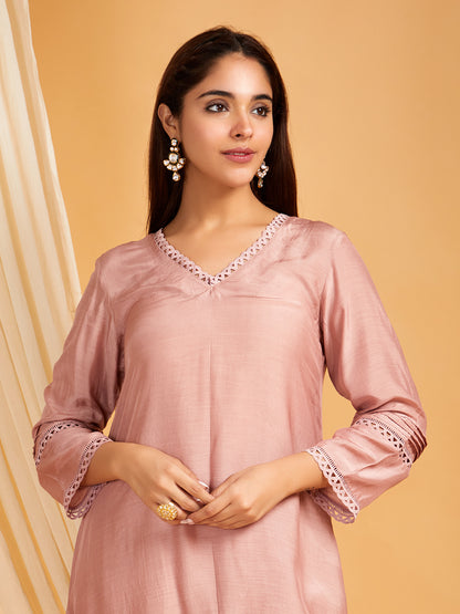 Old Rose Pink A-Line Cotton Silk Kurta with Small Slit