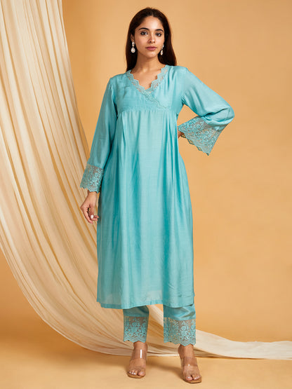 Sky Blue Lace Work Cotton Silk Kurta with Pants - Set of 2