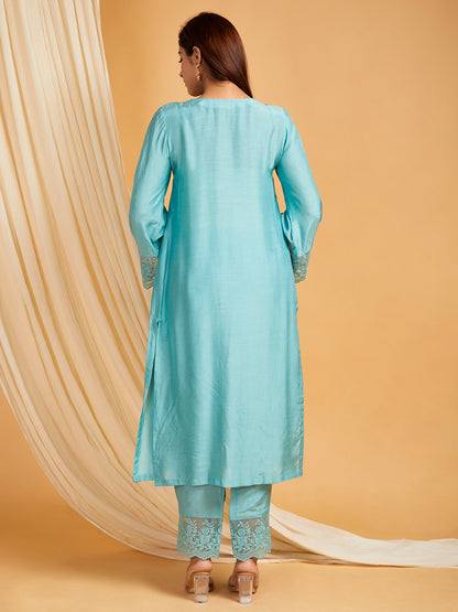 Sky Blue Lace Work Cotton Silk Kurta with Pants - Set of 2