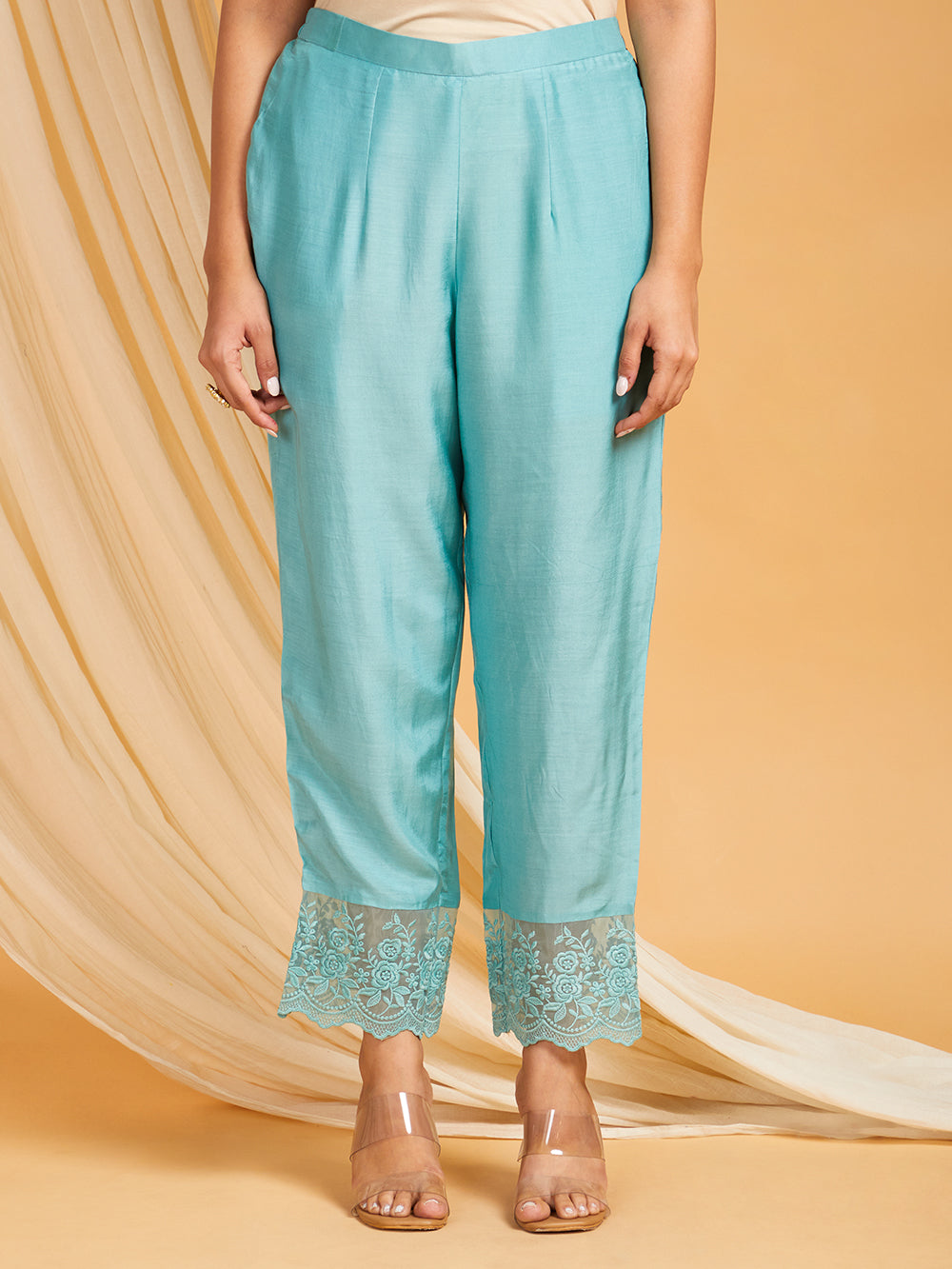 Sky Blue Lace Work Cotton Silk Kurta with Pants - Set of 2