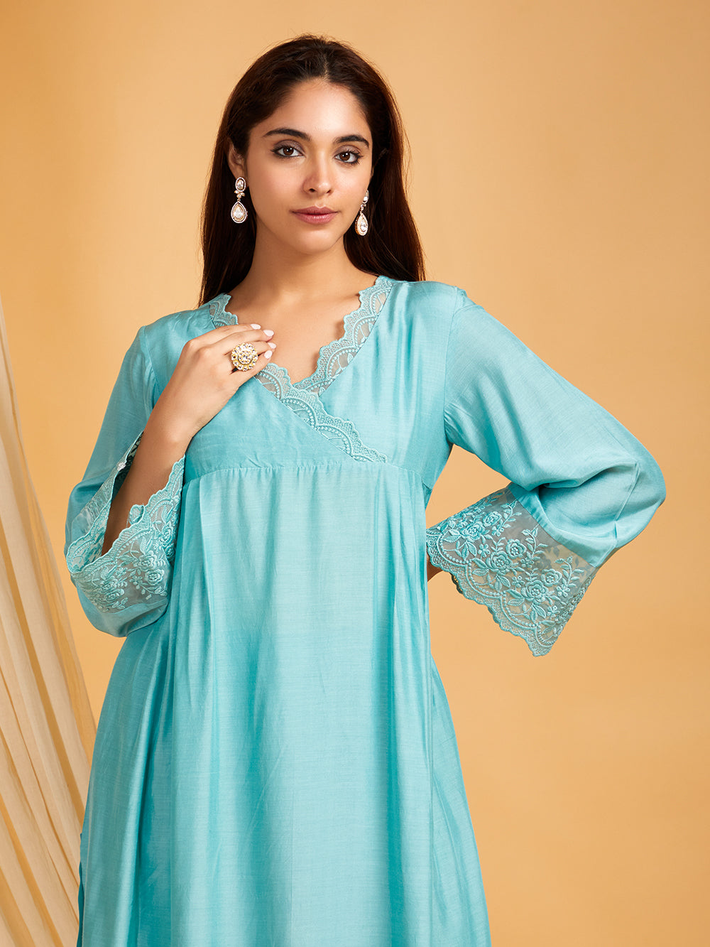 Sky Blue Lace Work Cotton Silk Kurta with Pants - Set of 2