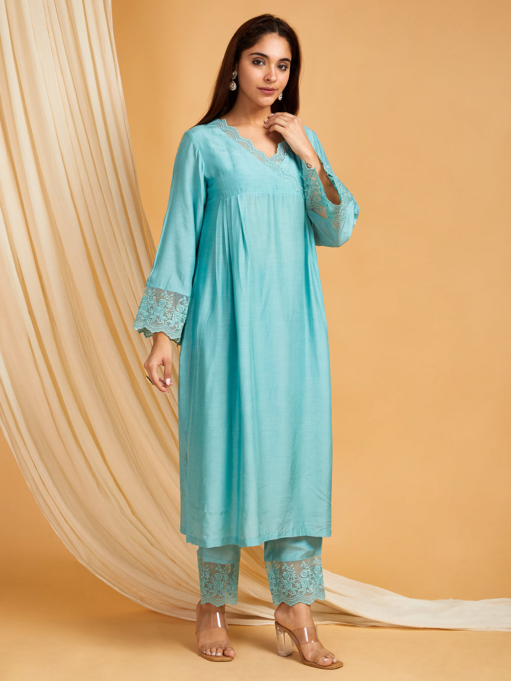 Sky Blue Lace Work Cotton Silk Kurta with Pants - Set of 2
