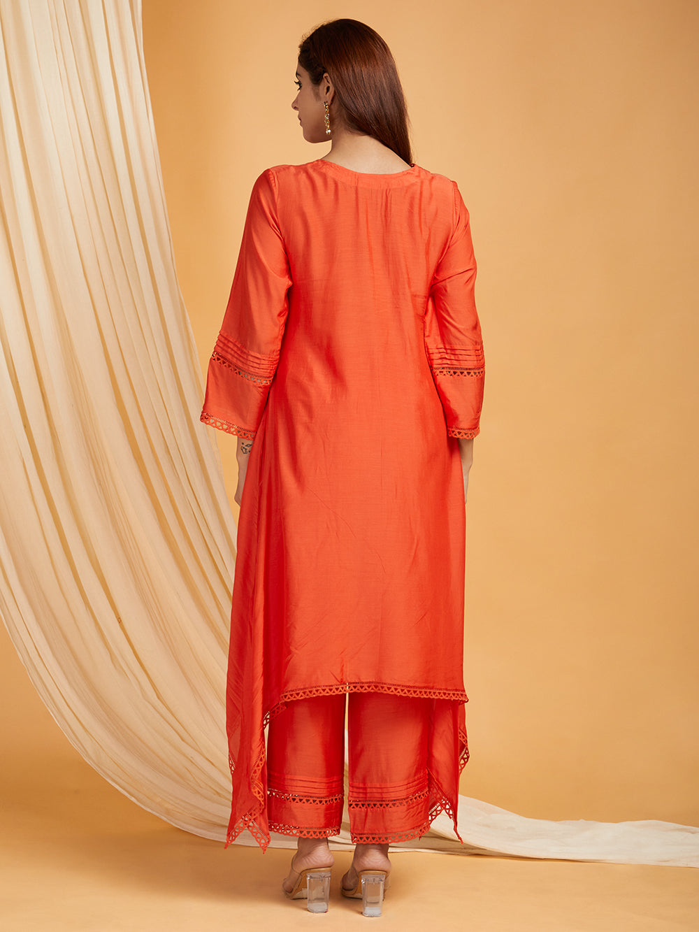 Red A-Line Lace Cotton Silk Kurta with Pants -Set of 2