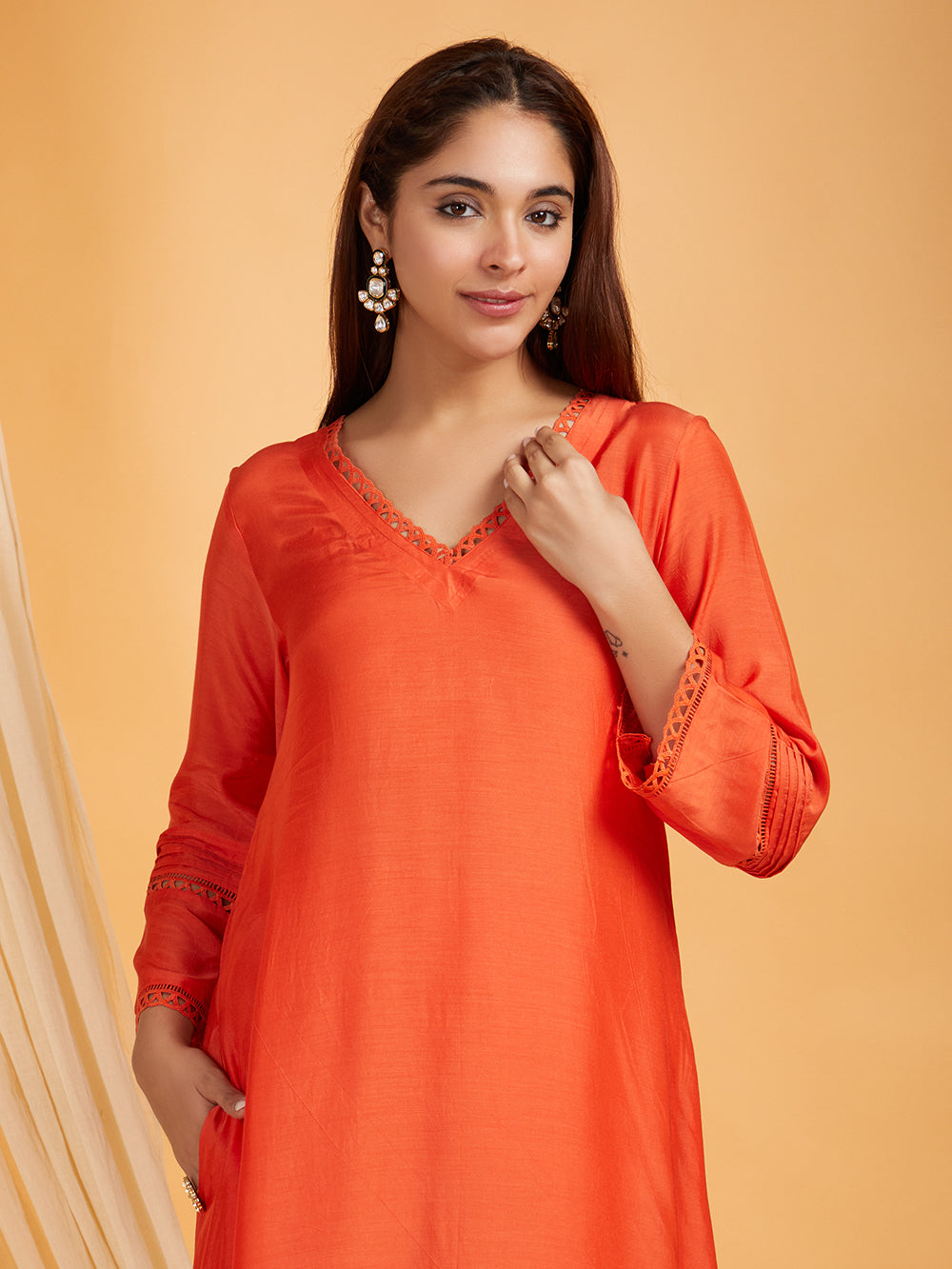 Red A-Line Lace Cotton Silk Kurta with Pants -Set of 2
