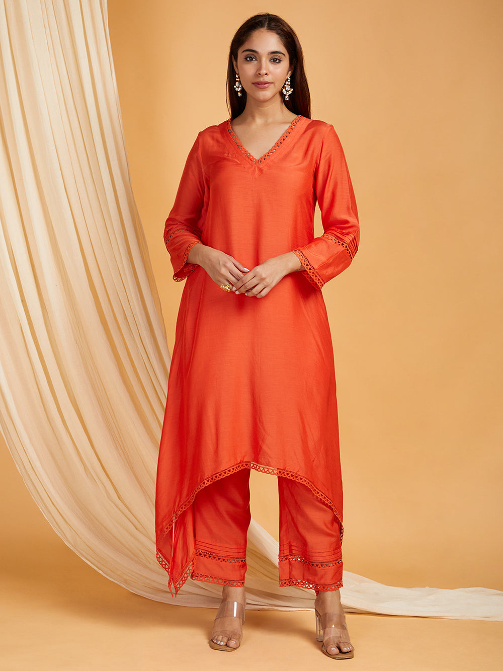 Red A-Line Lace Cotton Silk Kurta with Pants -Set of 2