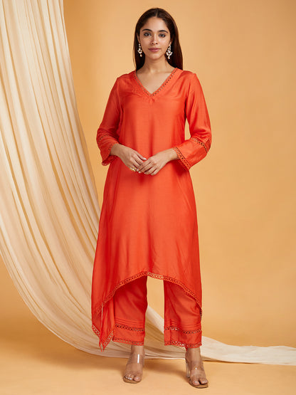 Red A-Line Lace Cotton Silk Kurta with Pants -Set of 2