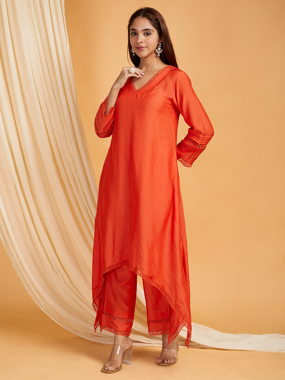 Red A-Line Lace Cotton Silk Kurta with Pants -Set of 2