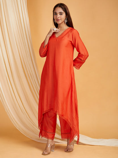 Red A-Line Lace Cotton Silk Kurta with Pants -Set of 2