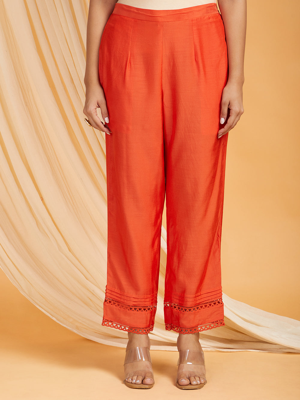 Red A-Line Lace Cotton Silk Kurta with Pants -Set of 2
