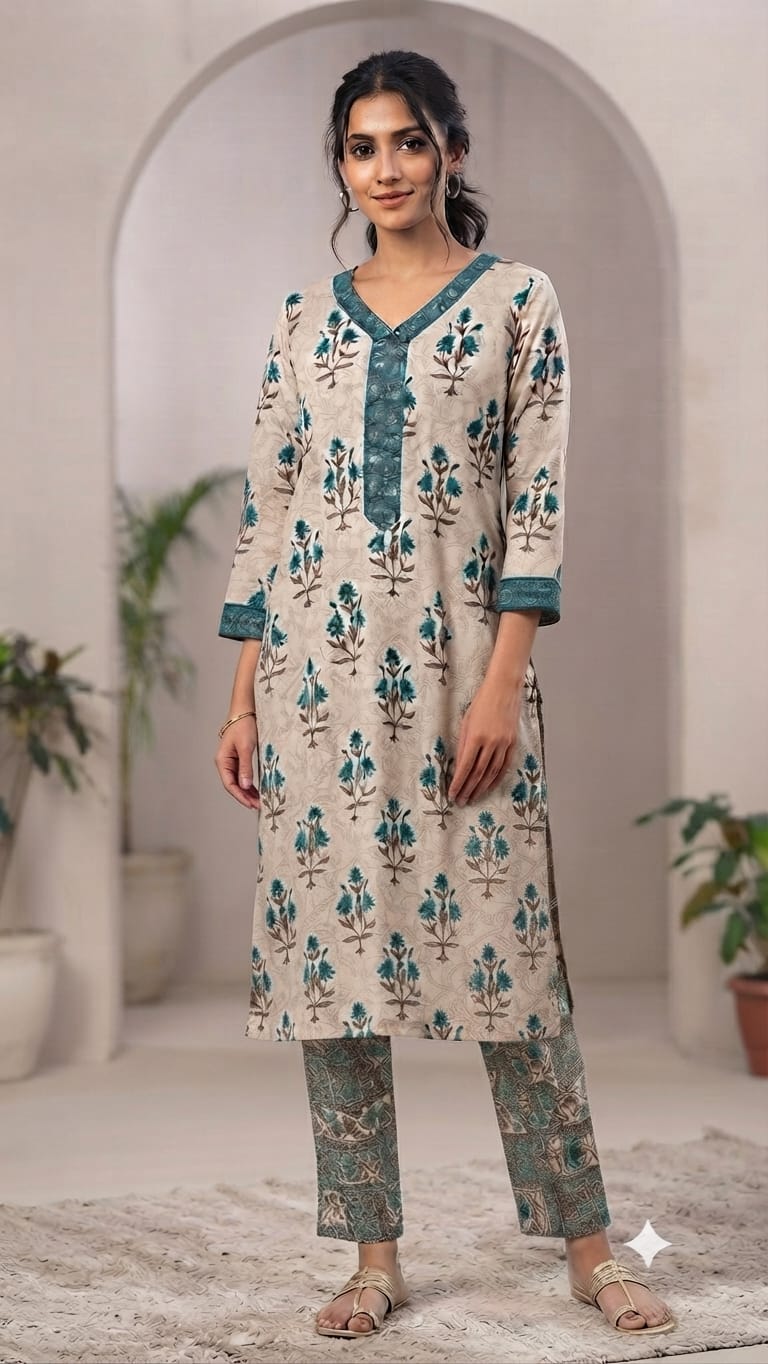 Meher Teal Blossom Printed Kurta Set