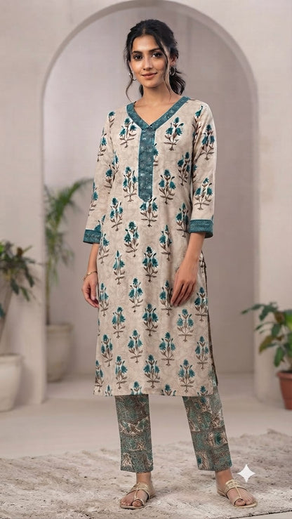Meher Teal Blossom Printed Kurta Set