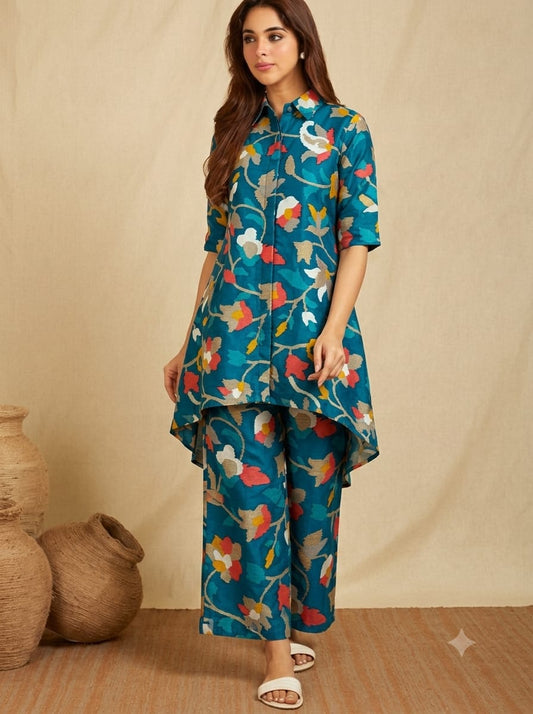 Teal Blue Floral High-Low Co-ord Set