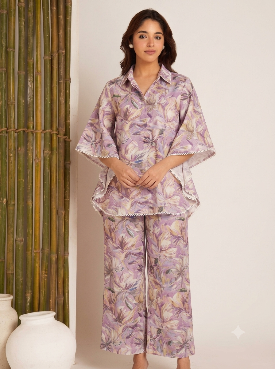 Women’s Lavender Floral Print Kaftan Co-Ord Set