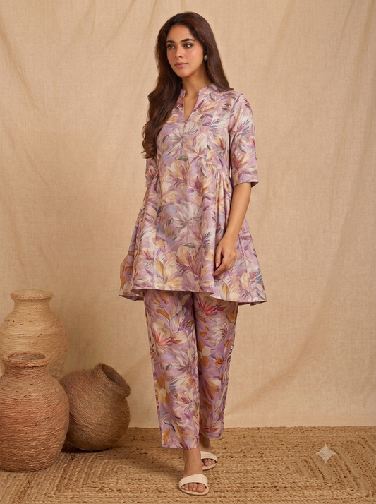 Women’s Lavender Floral Printed High-Low Co-Ord Set