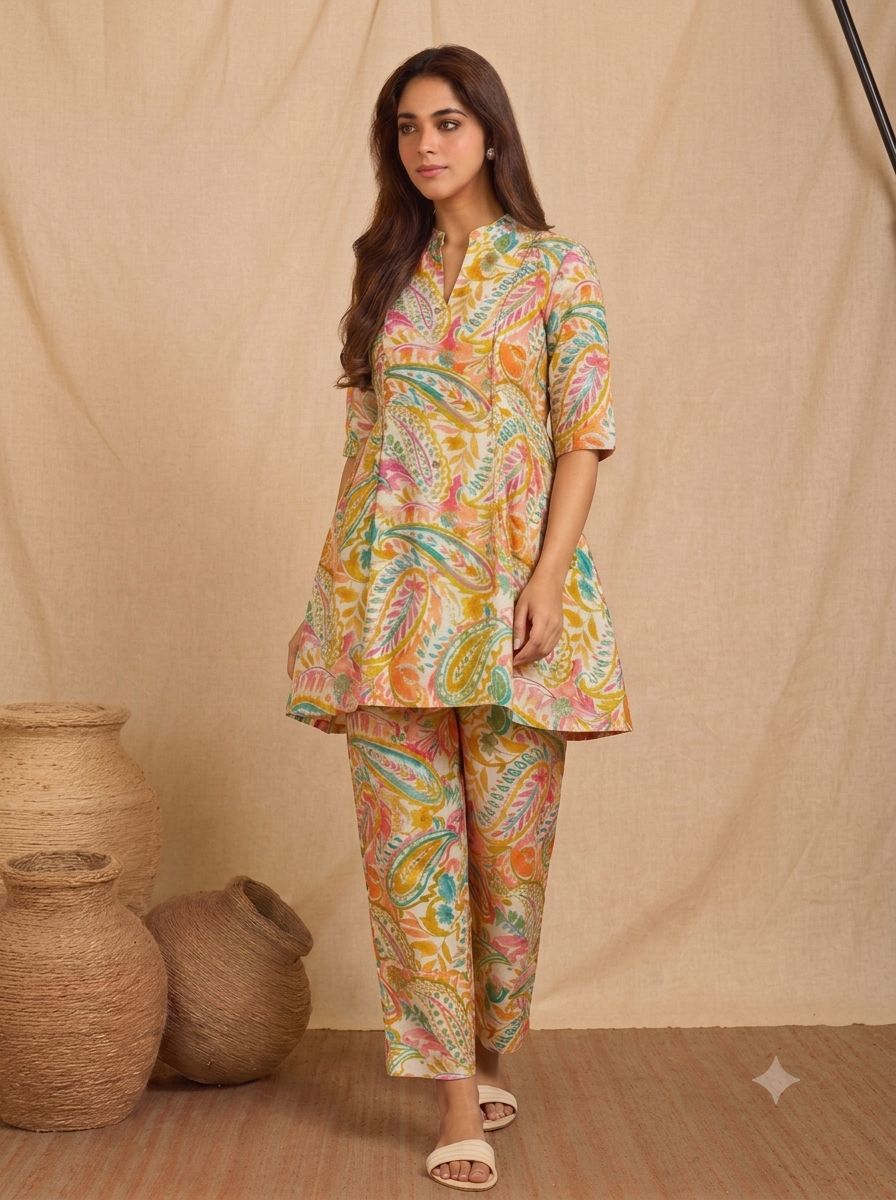 Women’s Multicolor Paisley Printed High-Low Co-Ord Set