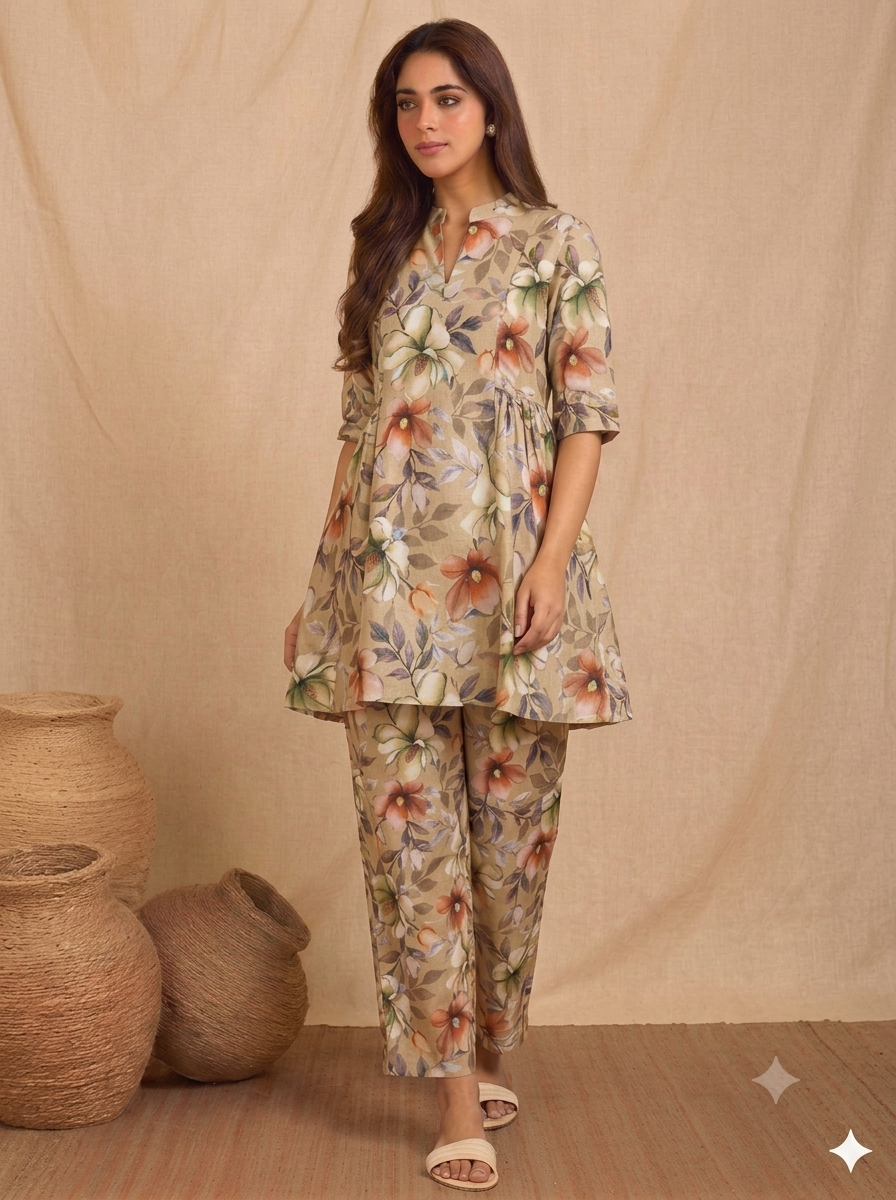 Women’s Beige Floral Printed High-Low Co-Ord Set