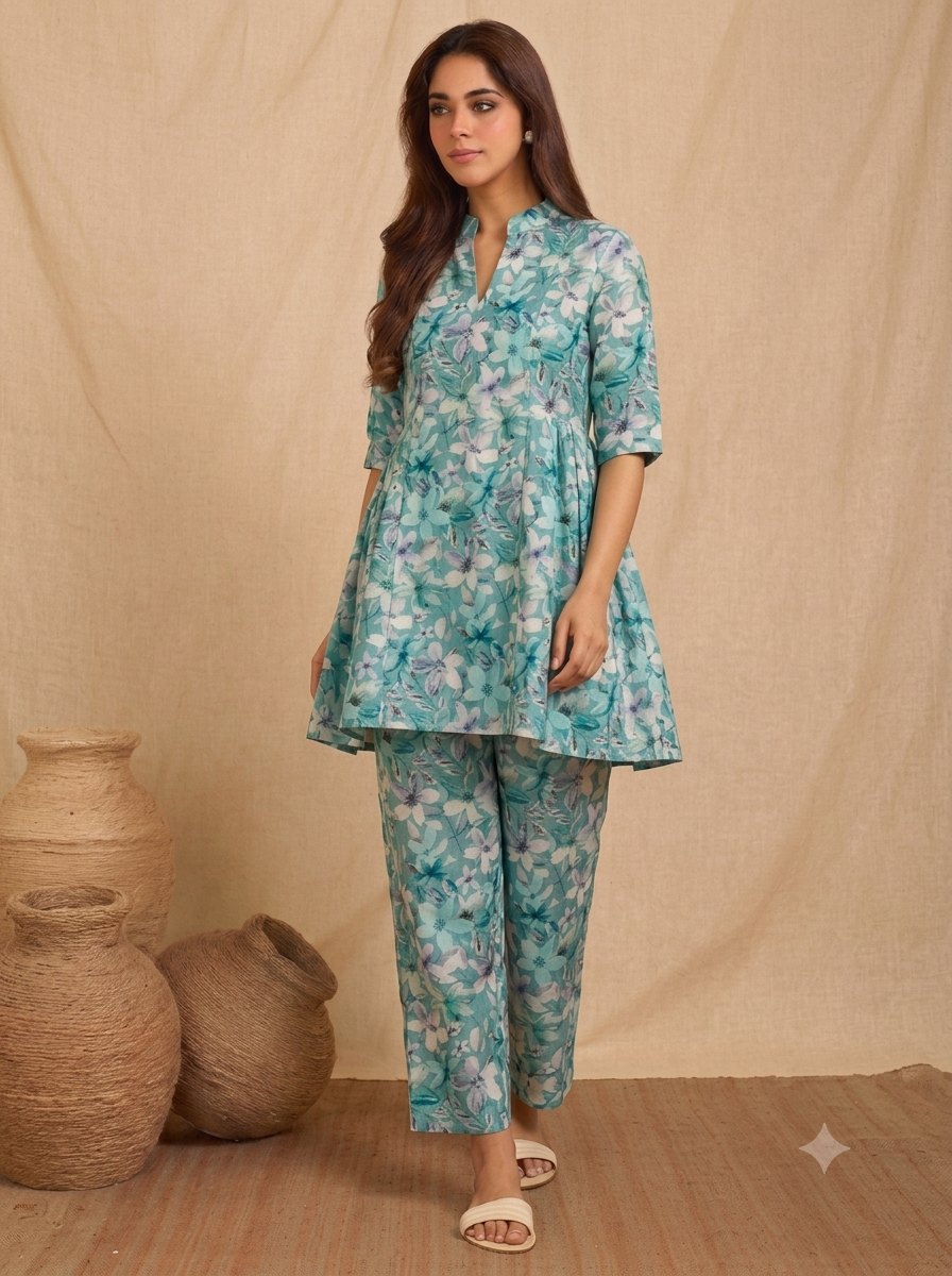 Women’s Aqua Blue Floral Printed High-Low Co-Ord Set
