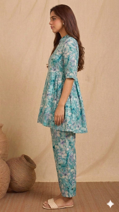 Women’s Aqua Blue Floral Printed High-Low Co-Ord Set