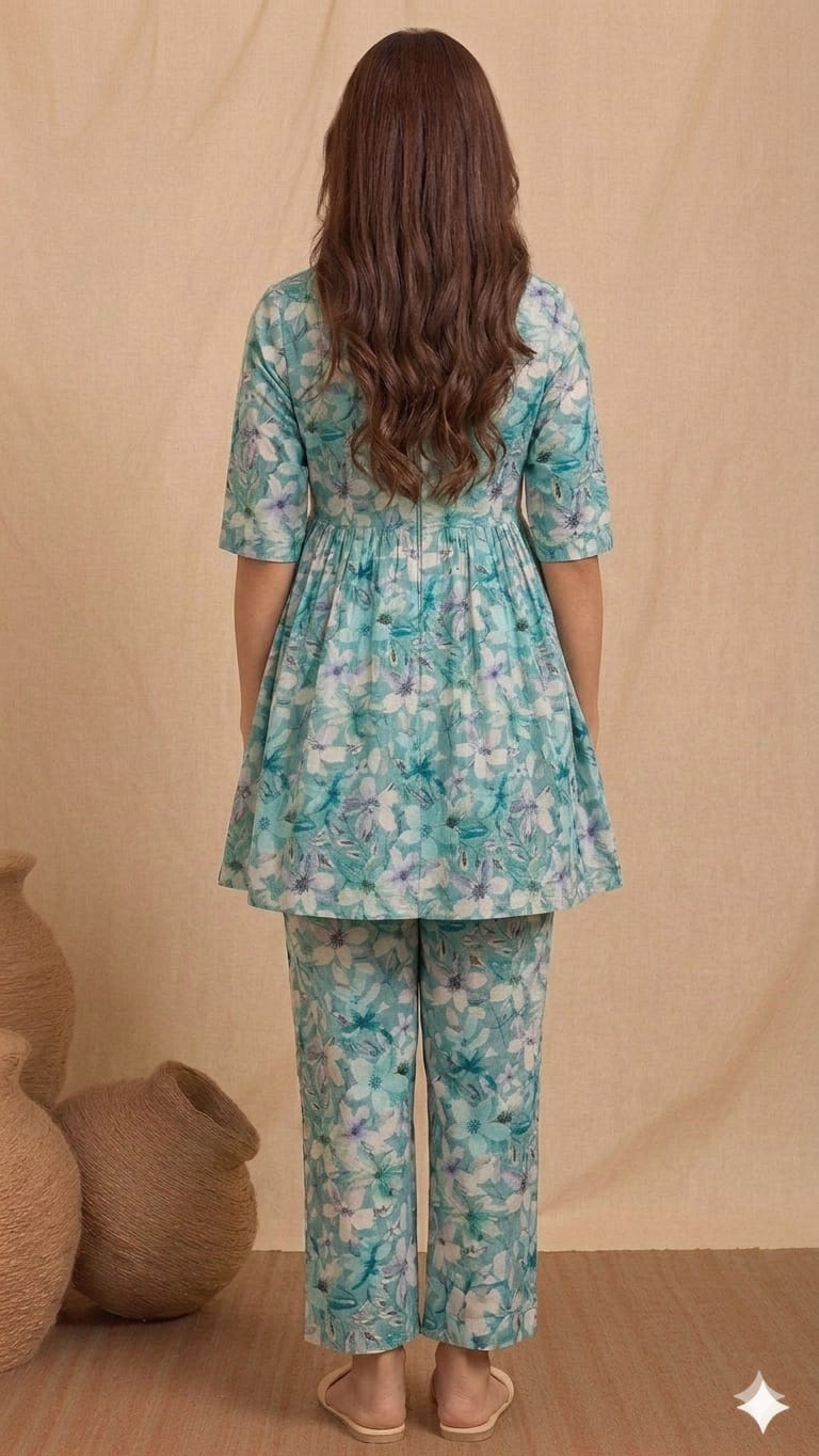 Women’s Aqua Blue Floral Printed High-Low Co-Ord Set