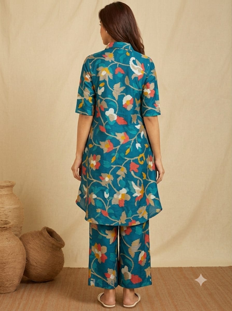 Teal Blue Floral High-Low Co-ord Set