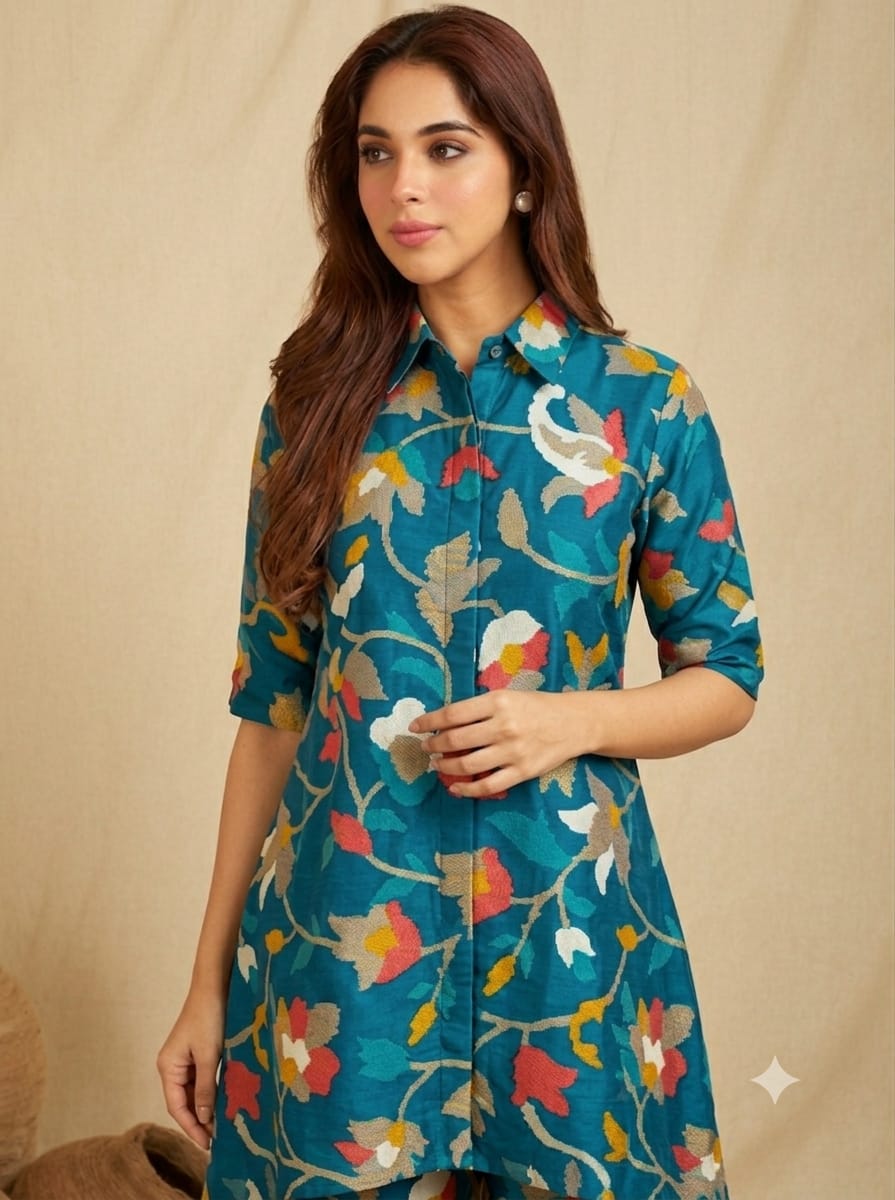 Teal Blue Floral High-Low Co-ord Set