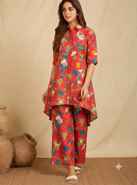 Red Floral High-Low Co-ord Set