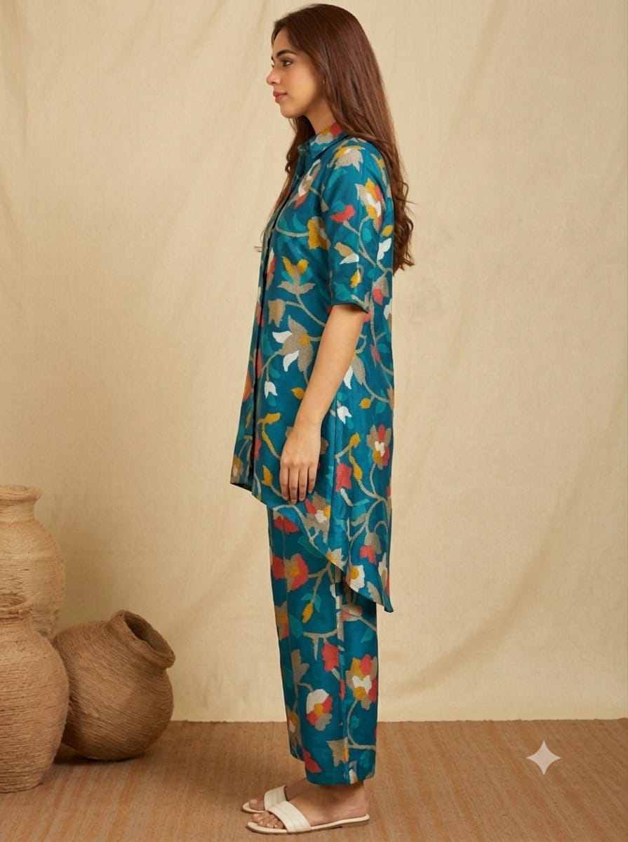 Teal Blue Floral High-Low Co-ord Set