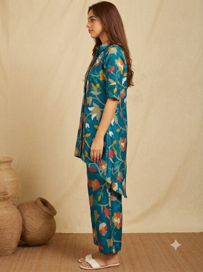 Teal Blue Floral High-Low Co-ord Set