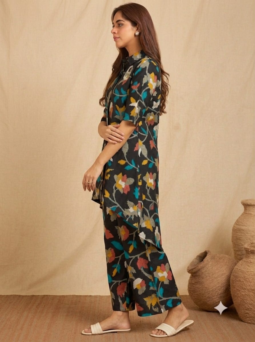 Black Floral Printed High-Low Co-Ord Set for Women