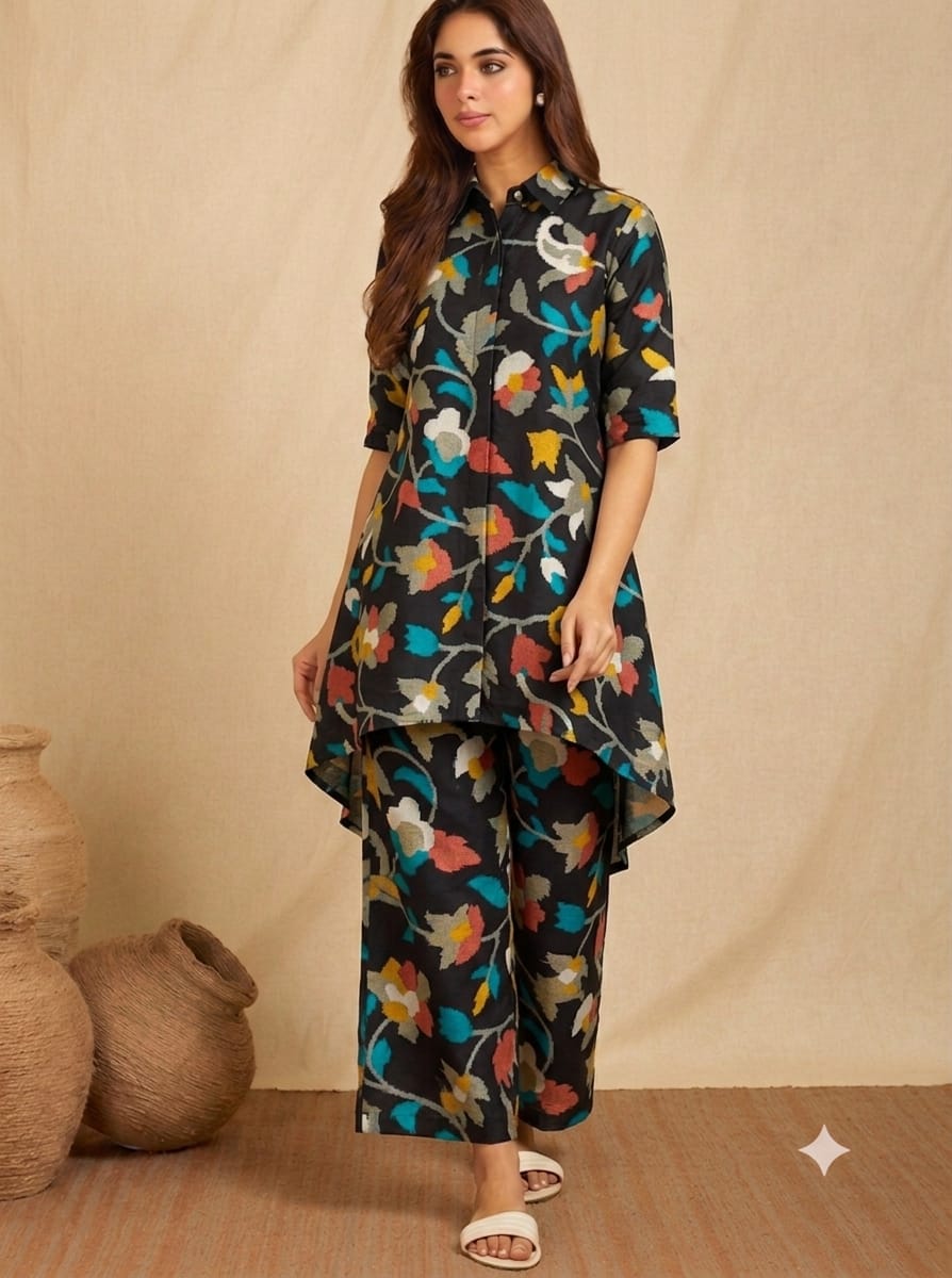 Black Floral Printed High-Low Co-Ord Set for Women
