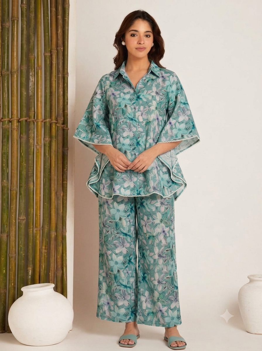 Women’s Sage Green Floral Print Kaftan Co-Ord Set