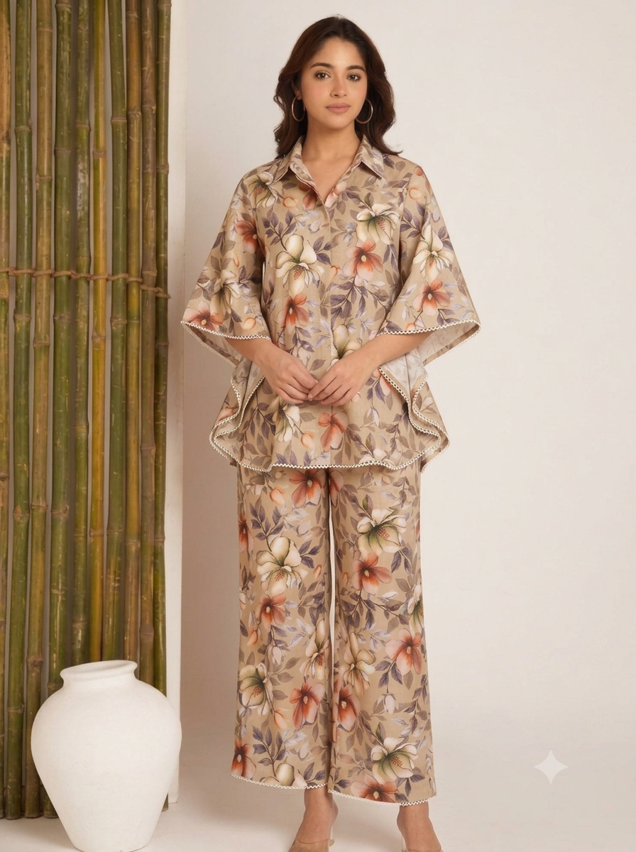 Women’s Beige Floral Print Kaftan Co-Ord Set