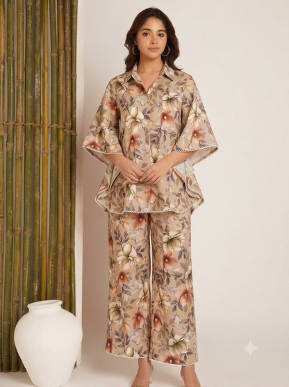 Women’s Beige Floral Print Kaftan Co-Ord Set