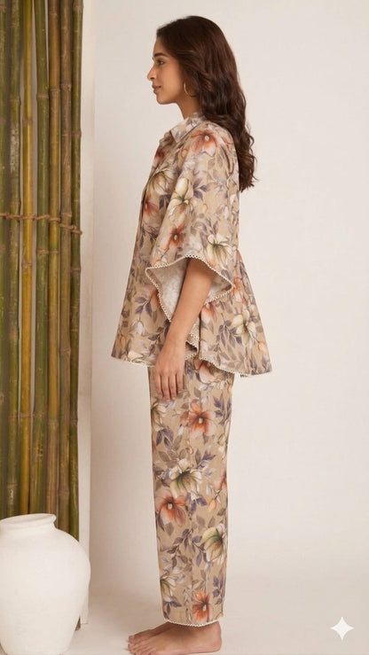 Women’s Beige Floral Print Kaftan Co-Ord Set