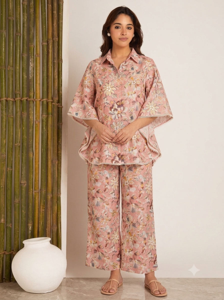 Women’s Blush Pink Floral Print Kaftan Co-Ord Set