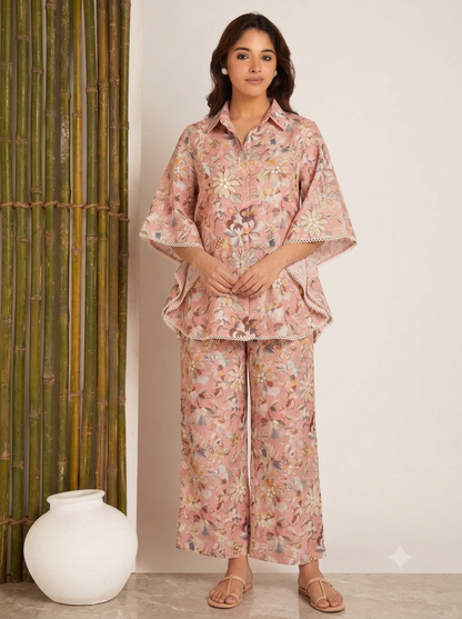 Women’s Blush Pink Floral Print Kaftan Co-Ord Set