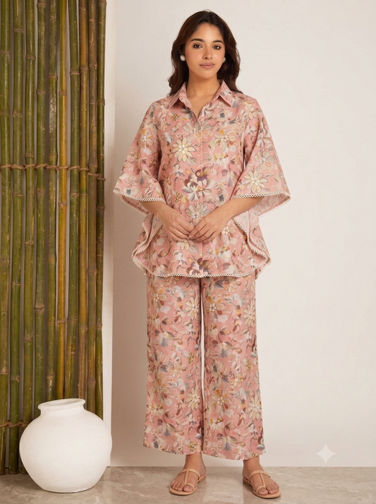 Women’s Blush Pink Floral Print Kaftan Co-Ord Set