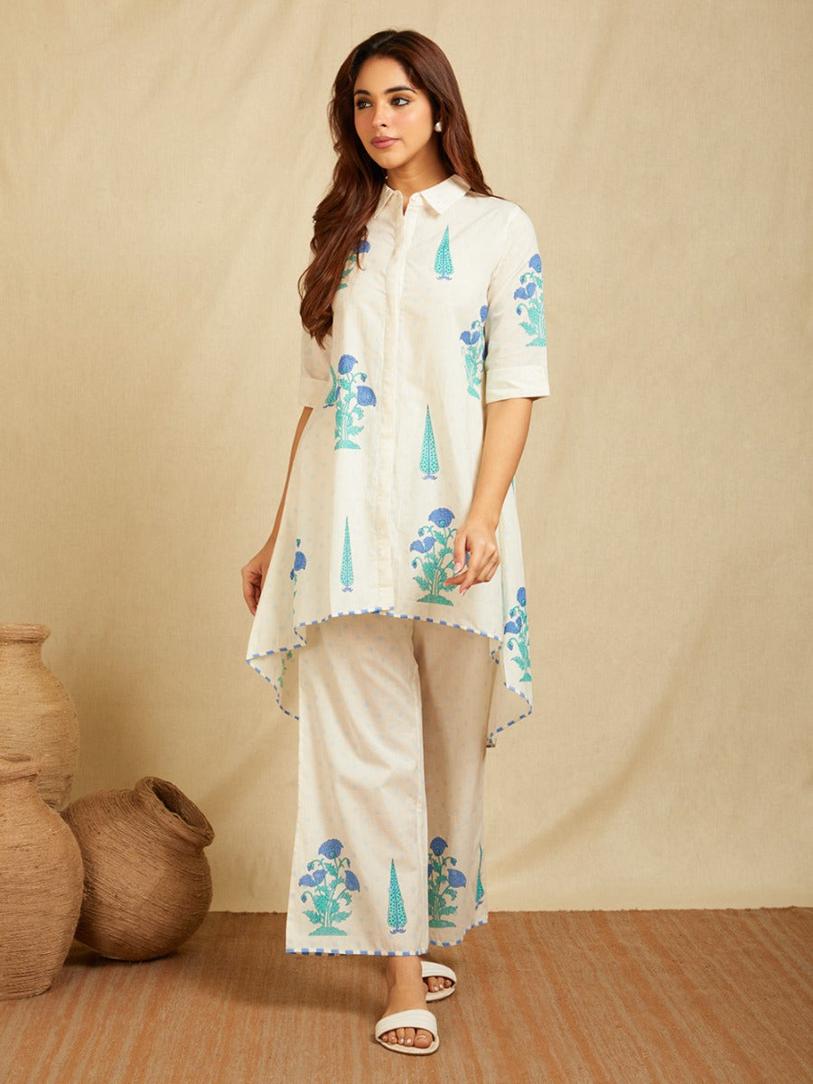 Off-White Blue Hand Block Boota Printed Cotton High-Low Co-Ord Set