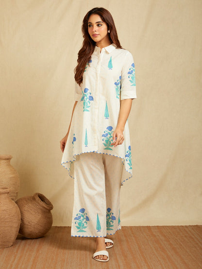 Off-White Blue Hand Block Boota Printed Cotton High-Low Co-Ord Set