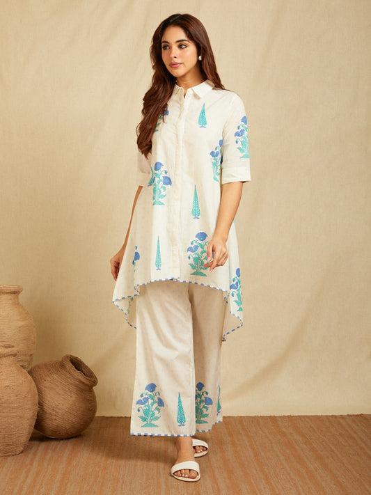 Off-White Blue Hand Block Boota Printed Cotton High-Low Co-Ord Set