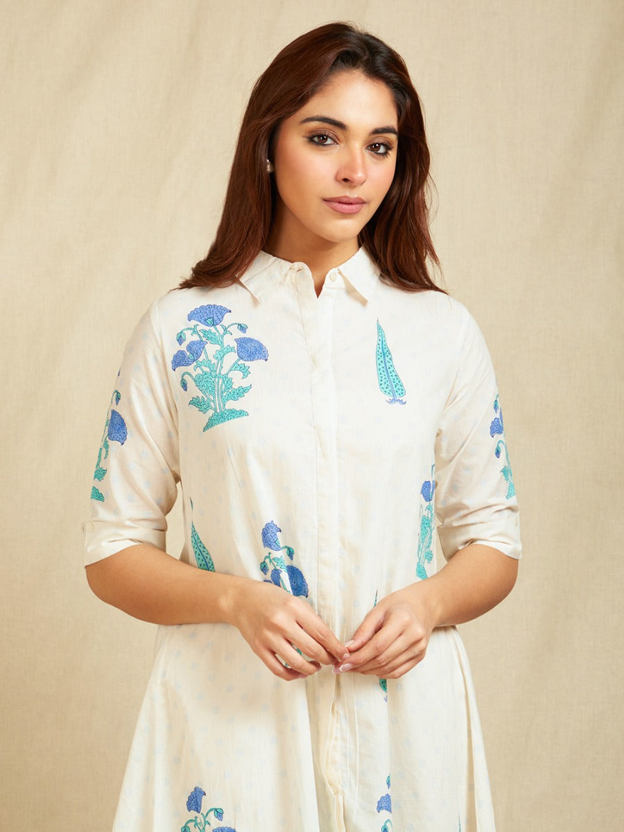 Off-White Blue Hand Block Boota Printed Cotton High-Low Co-Ord Set