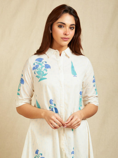 Off-White Blue Hand Block Boota Printed Cotton High-Low Co-Ord Set