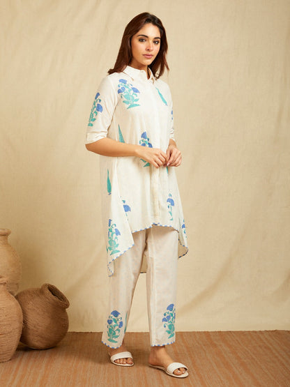 Off-White Blue Hand Block Boota Printed Cotton High-Low Co-Ord Set