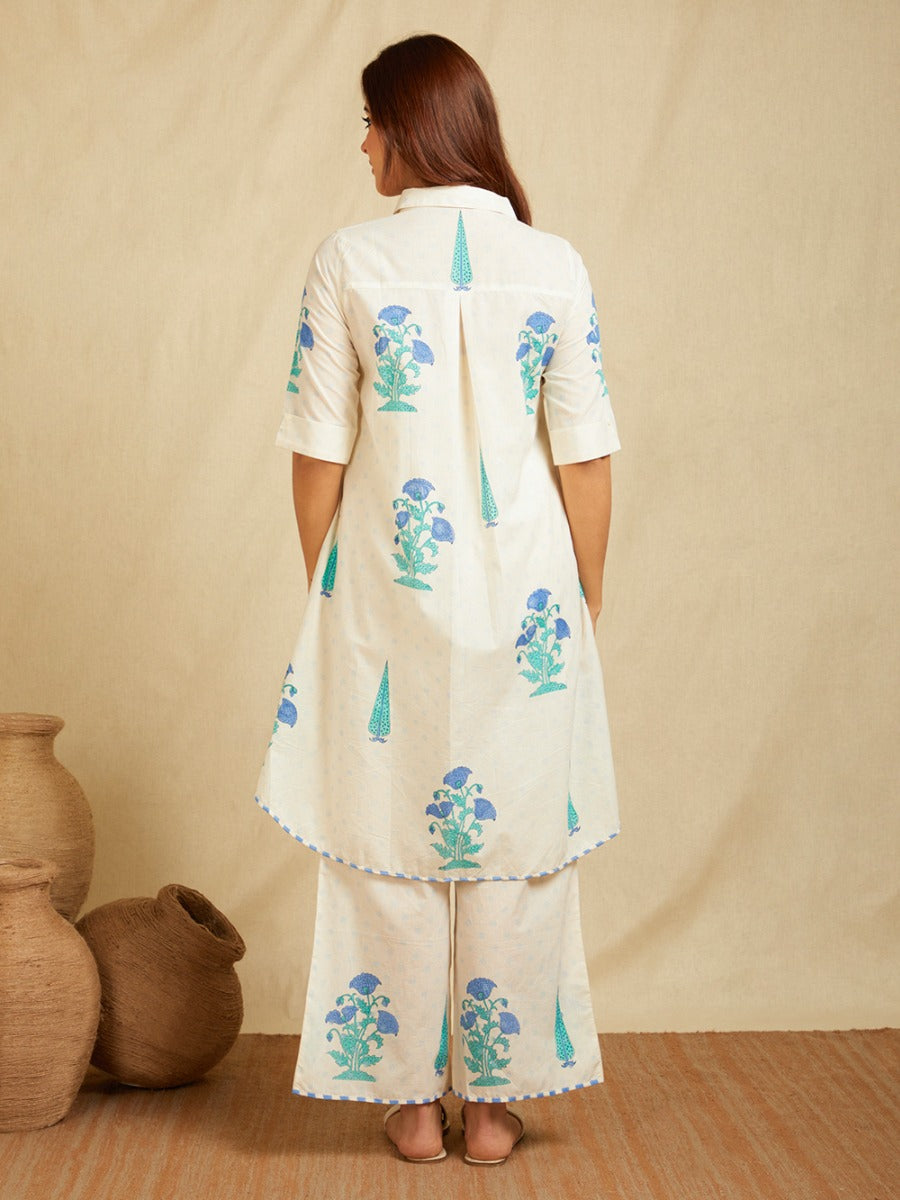 Off-White Blue Hand Block Boota Printed Cotton High-Low Co-Ord Set