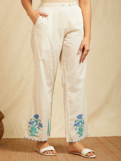 Off-White Blue Hand Block Boota Printed Cotton High-Low Co-Ord Set